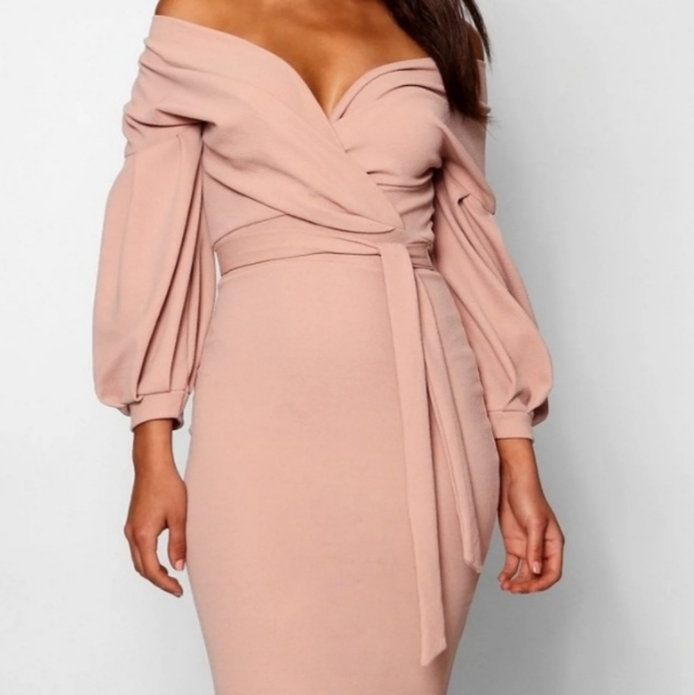 Off the Shoulder Wrap Midi Dress